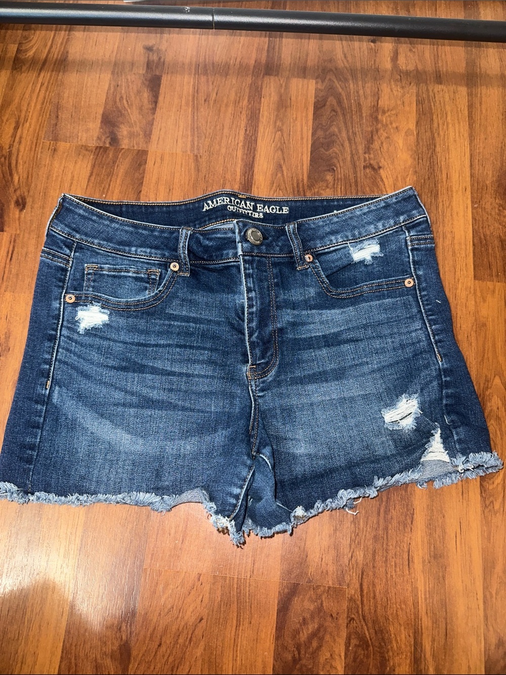 American Eagle Outfitters Blue Distressed Frayed-Hem Jean Shorts size 14